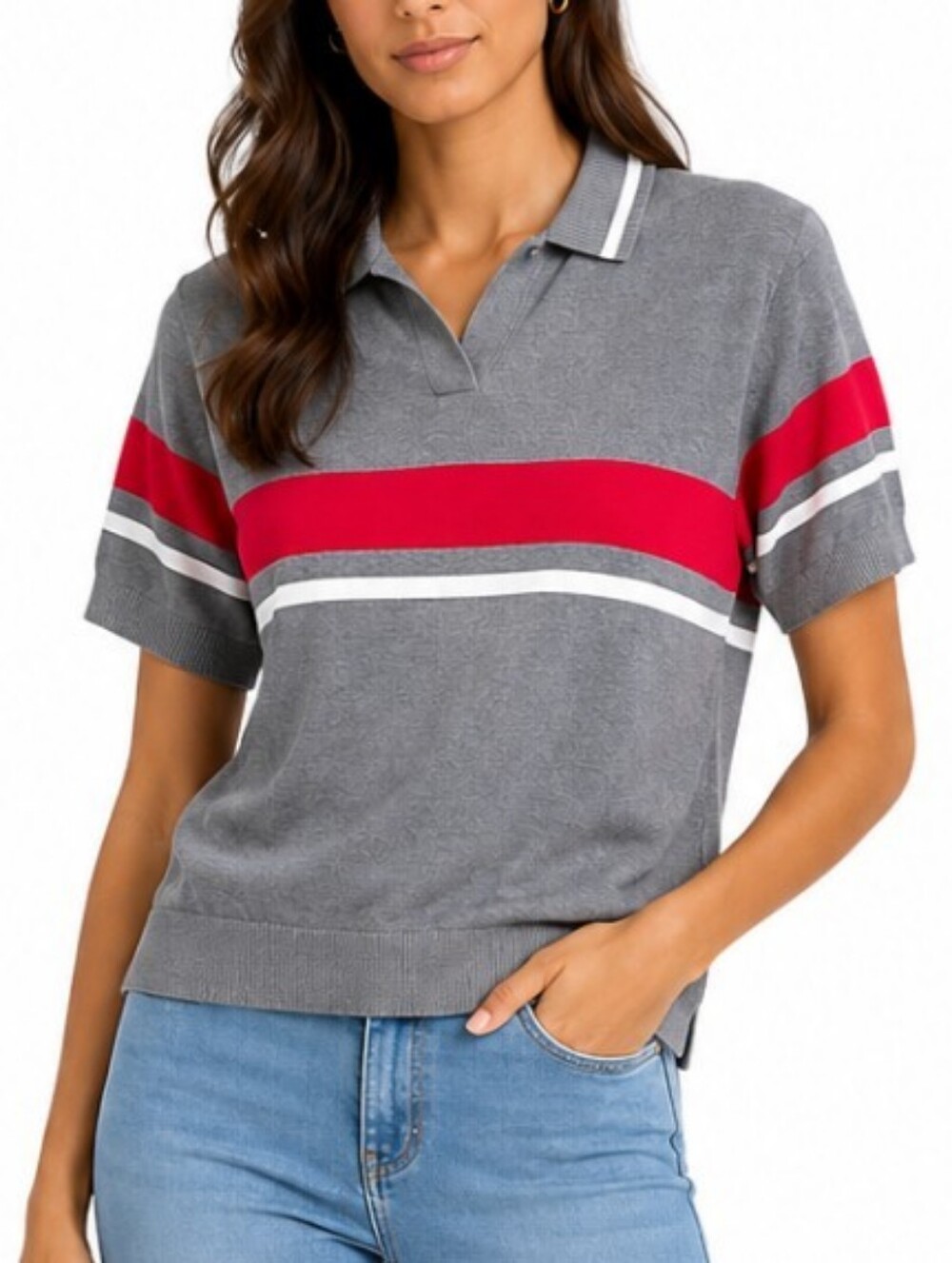Vintage Wilson Preppy Collared Varsity Striped Polo Short-Sleeve Top In Gray/Red